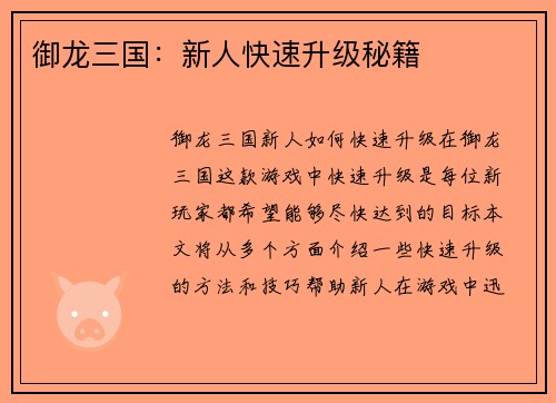 御龙三国：新人快速升级秘籍
