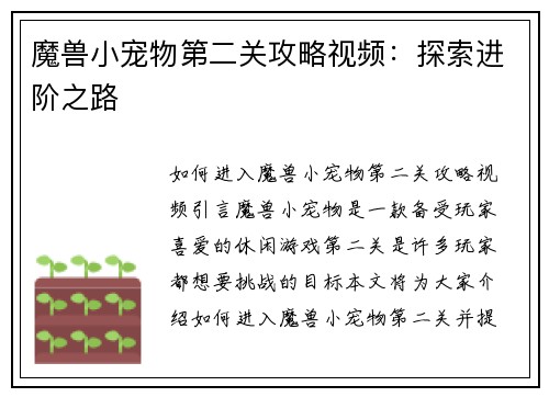 魔兽小宠物第二关攻略视频：探索进阶之路